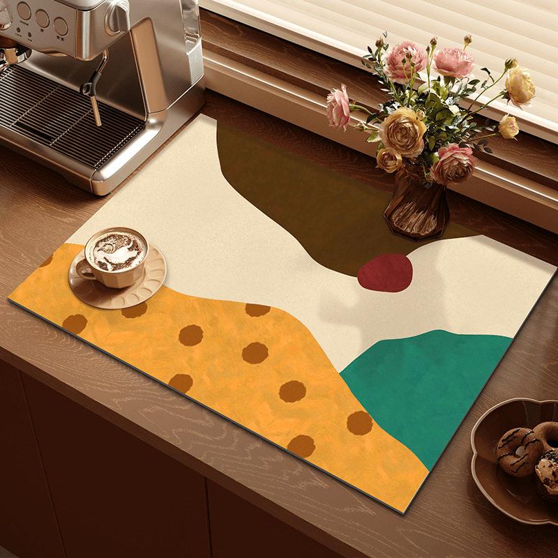 Pastel Oil Painting Plaid Drying Mat Feeling Label Print Non Slip Absorbent Pad For Espresso Kitchen Worktop Kitchen Mat