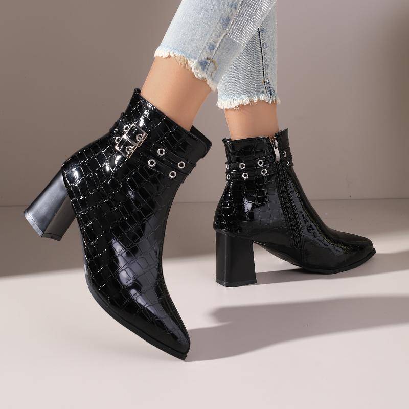 New Women'S Shoes-Pointed-Toe Short Boots With Side Zipper, Belt Buckle Detail, Chunky Heel, Warm-Perfect For Winter Jeans
