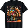 Funny Thanksgiving Turkey with Pilgrim Hat Riding Bicycle T-Shirt