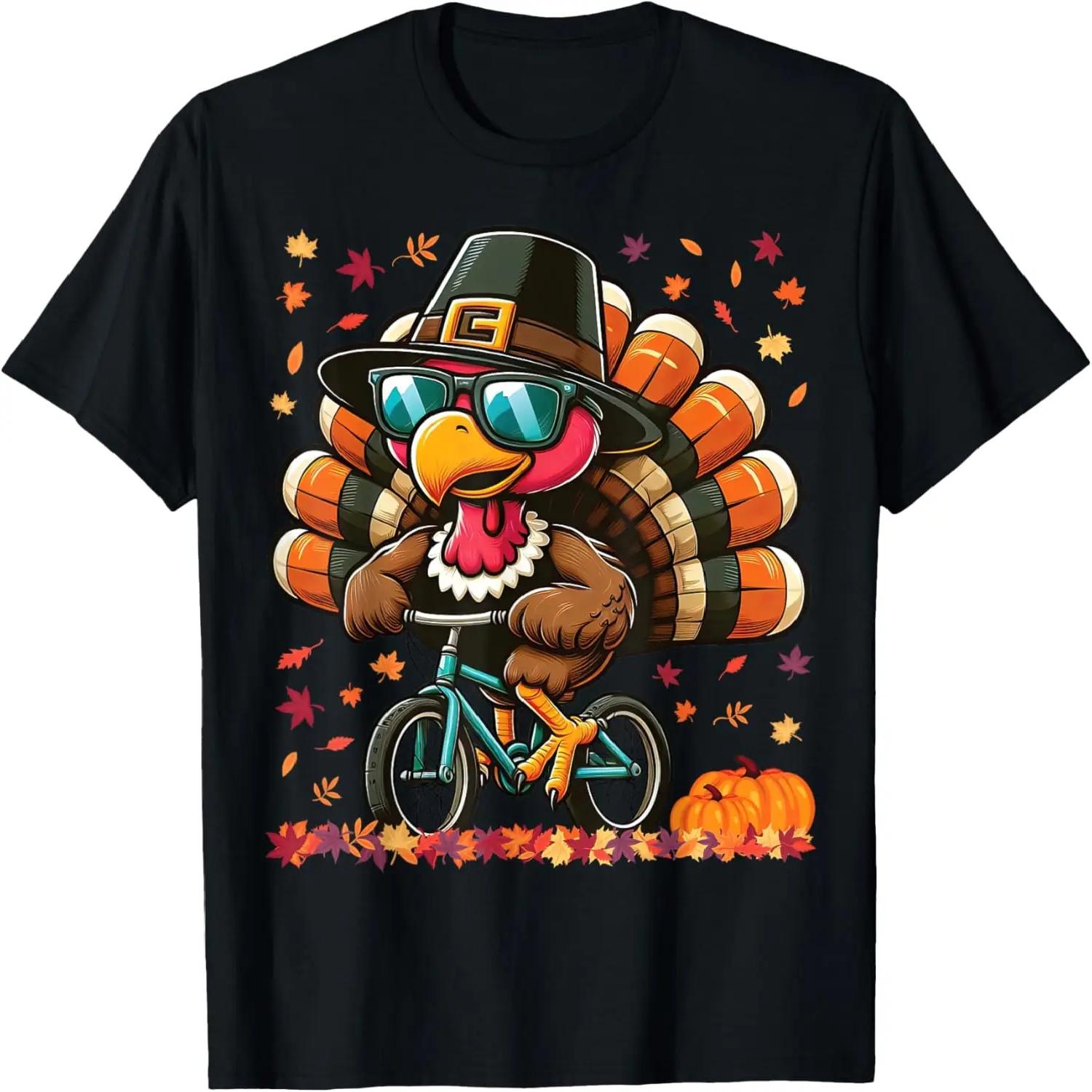 Funny Thanksgiving Turkey with Pilgrim Hat Riding Bicycle T-Shirt S