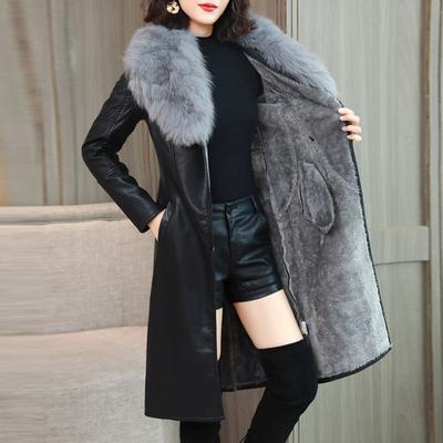 Slim Slimming Waist Leather Jacket, Big Fur Collar, Winter Leather Jacket, Women's Plus Velvet Thickened Mid-length