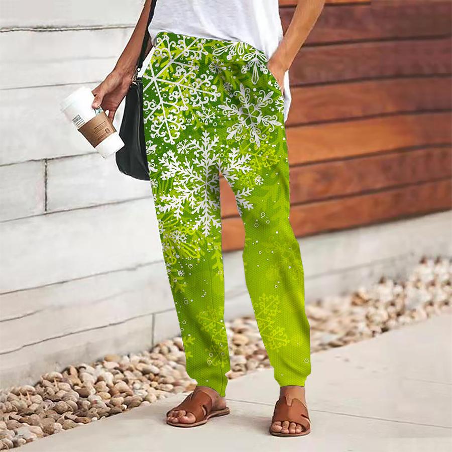 Women Snowflake Printing Pants Lace Up Elastic Waist Loose  Trousers Casual Long Pants Trousers with Pockets