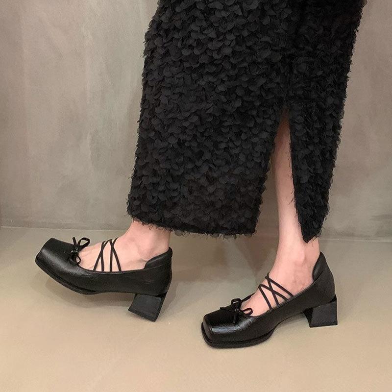 French black bow Mary Jane shoes women's 2025 early autumn new retro versatile thick heel square head temperament single shoes