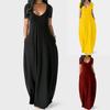 Damen Einfarbig Kurzarm V-Ausschnitt Locker Lässig Übergröße Langes Kleid