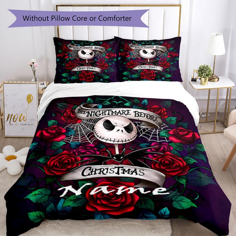 3pcs Custom Name The Nightmare Before Christmas Bedding Set Duvet Cover Closure Includes 1 Duvet Cover & 2 Pillowcases, Soft and Comfortable for All S