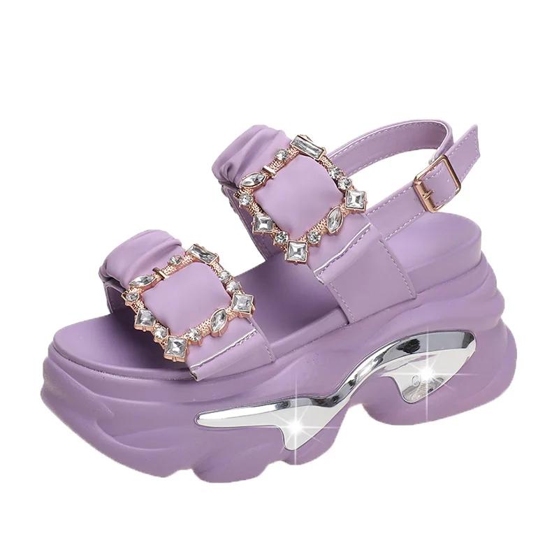 Female Sandal High Heels Black Shoes for Women Muffins Shoe Buckle Strap 2025 Summer Open Toe Girls Rhinestone High-heeled Beige