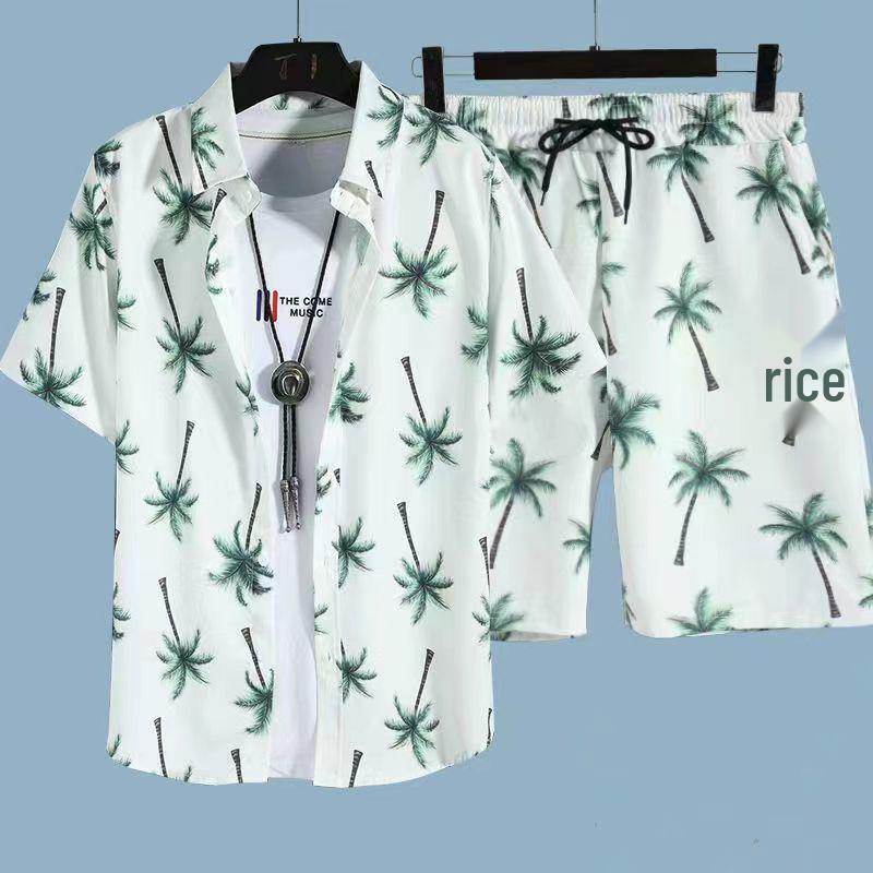 Set Coordinato da Uomo Casual a Maniche Corte Floreale Hawaiano ad Asciugatura Rapida e Pantaloncini da Spiaggia