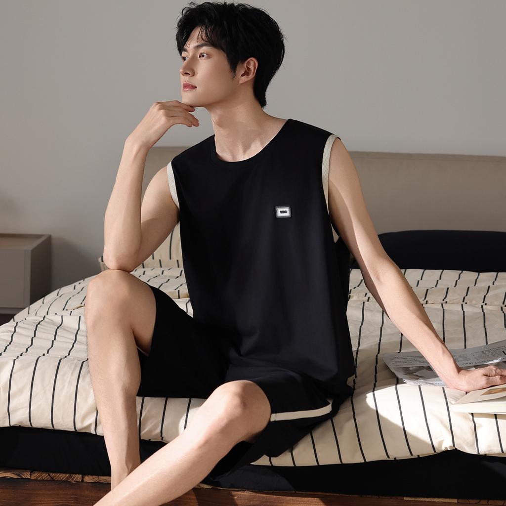 Cotton pure cotton vest pajamas men's summer sleeveless shorts pure cotton teen student loungewear men's suit
