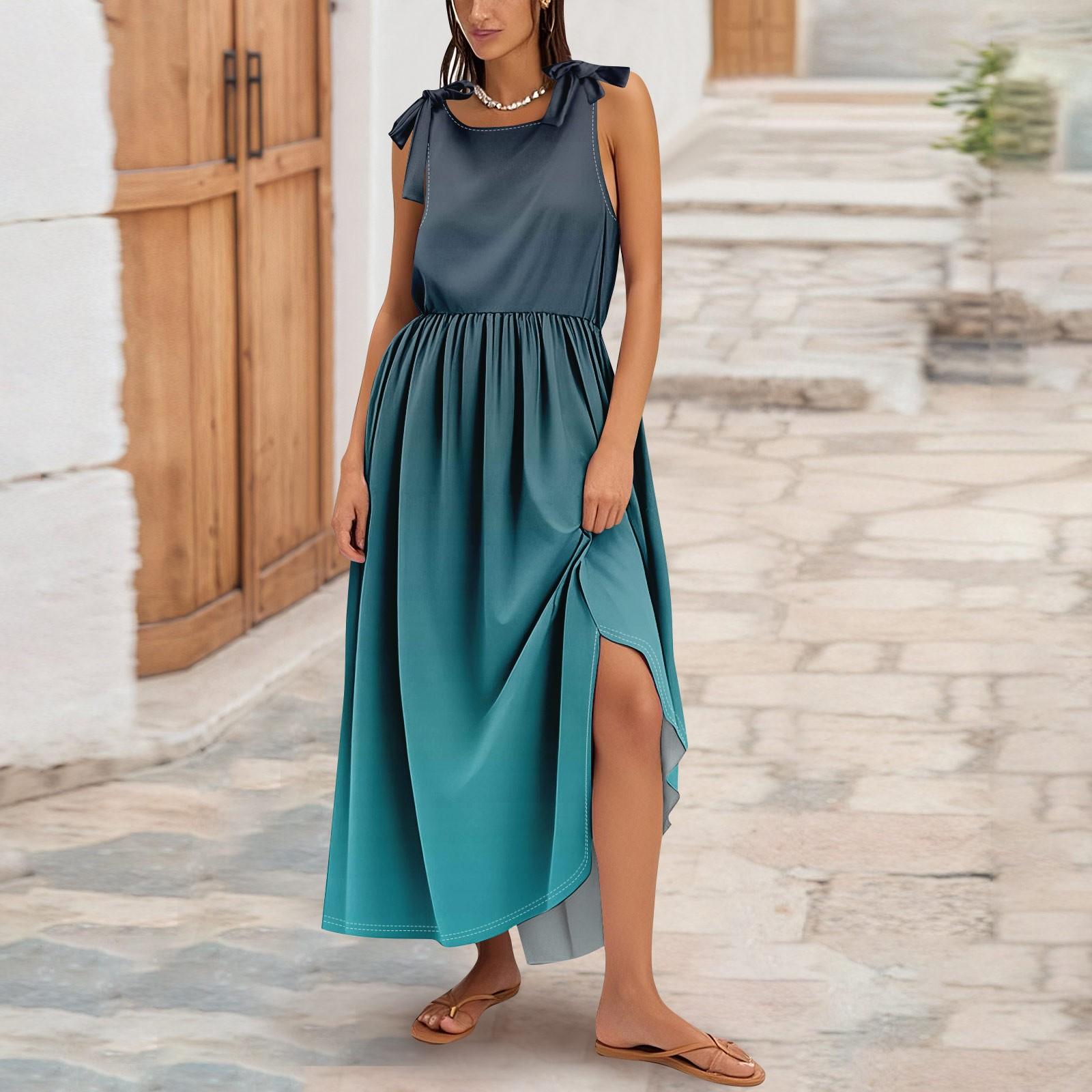 

Женское летнее модное платье-майка А-силуэта без рукавов повседневное платье с цветочным принтом/однотонными карманами XL циан