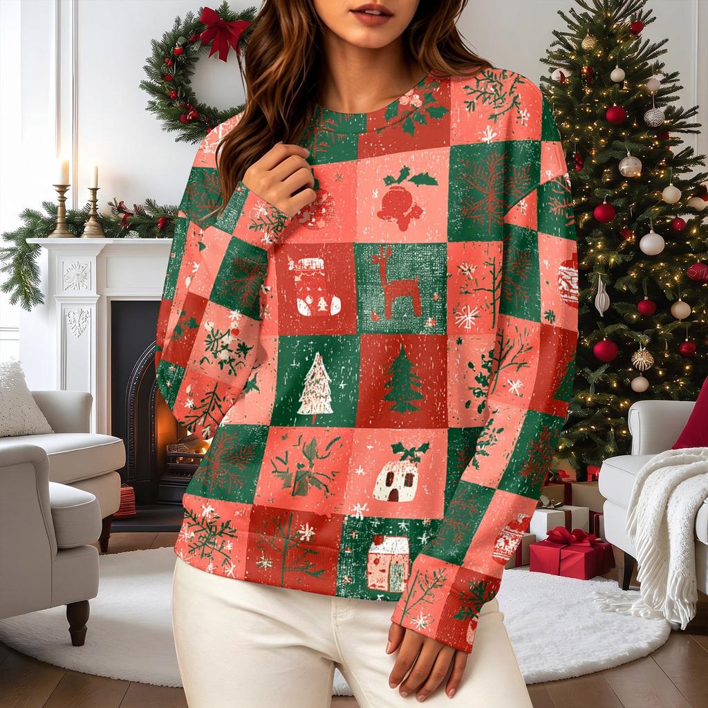 Women's Casual Long Sleeve Christmas Print Neck Pullover Sweatshirt Top