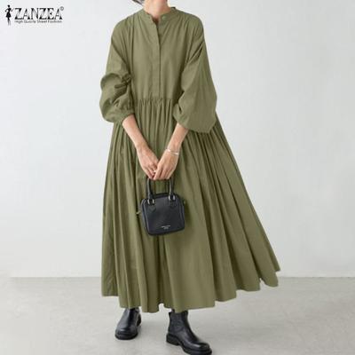 Women Casual Round Neck Solid Color Loose Long Sleeve Long Dress