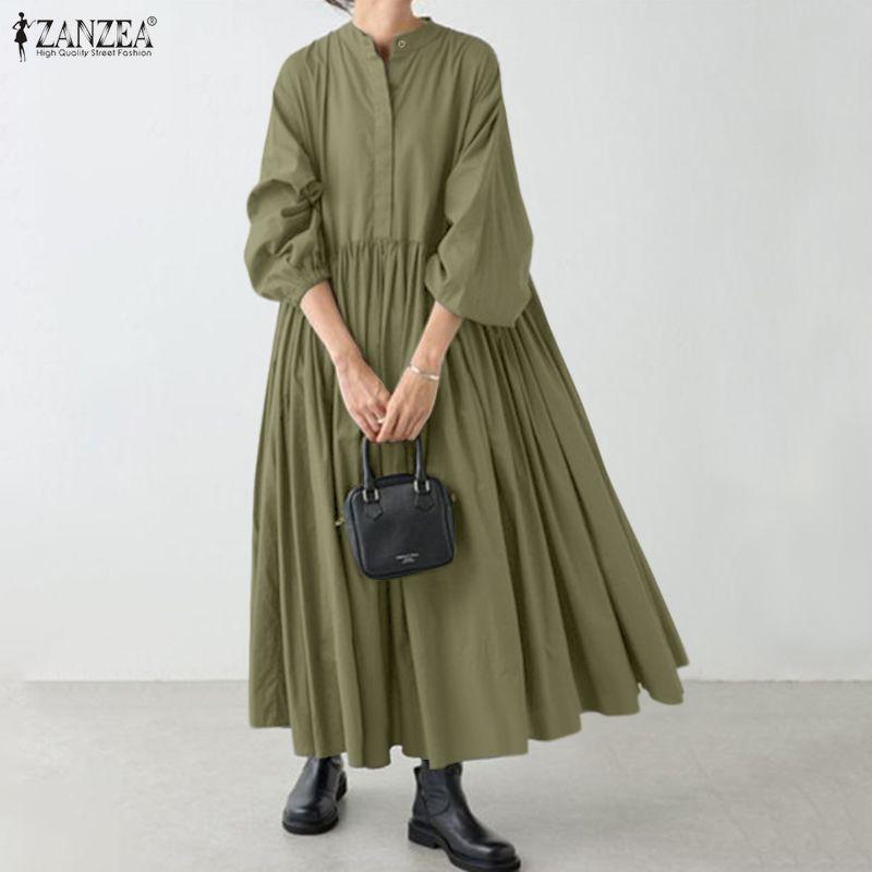 

ZANZEA Женское повседневное платье с круглым вырезом, однотонное, свободного кроя, с длинным рукавом 3XL армия зеленый
