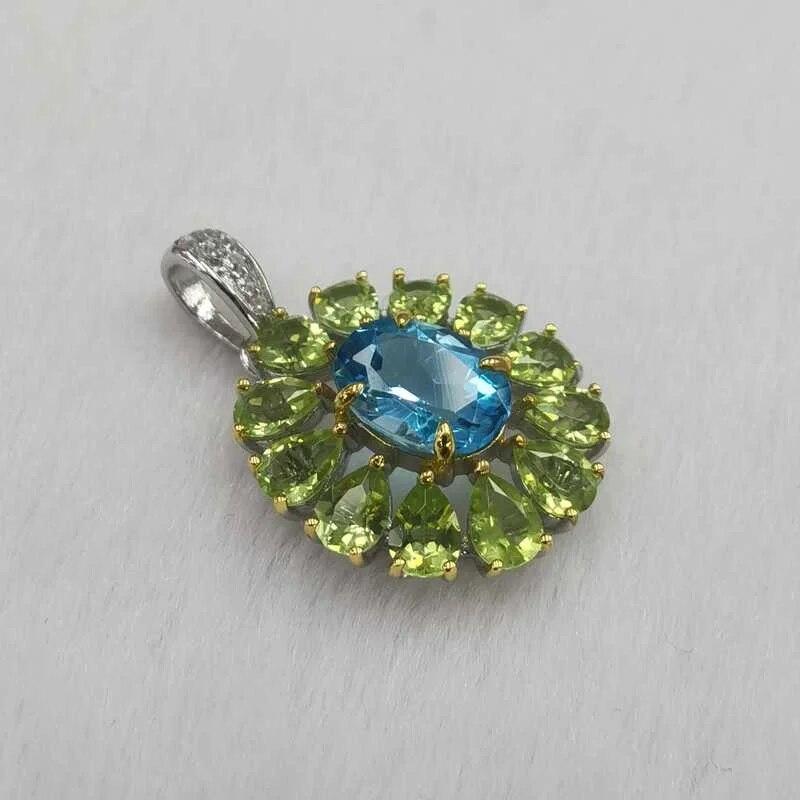 Sace Gems Anhänger für Damen, 925er Sterlingsilber, natürlicher Schweizer Blautopas und Peridot, Halskette, edler Schmuck, Geschenke