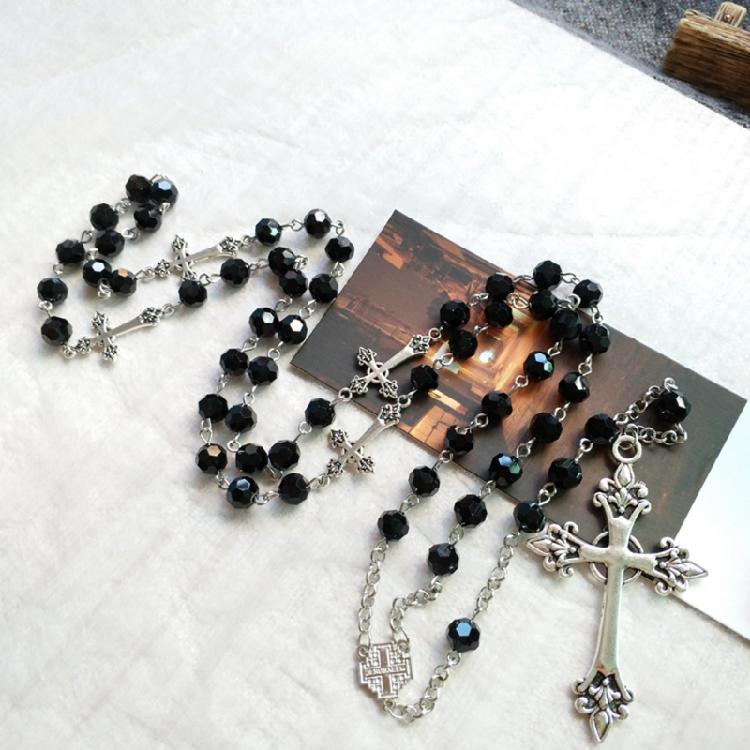 Retro Long for Cross Pendant Necklace Black Crystal Rosary Religious Jewelry