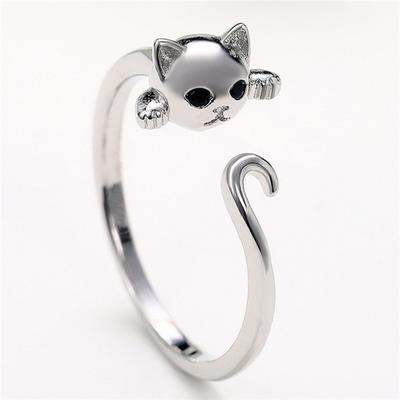 Anillo abierto con forma de gato bonito de Color plateado para mujer, anillos ajustables con animales encantadores, joyería, regalo de cumpleaños