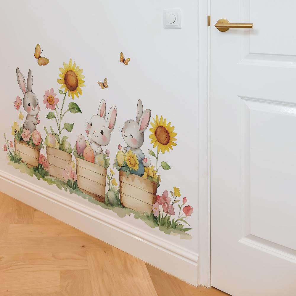 Cartoon Cute Little Rabbit Butterfly Sunflower Potted Plant Home Atmosphere Decoration Wall Stickers