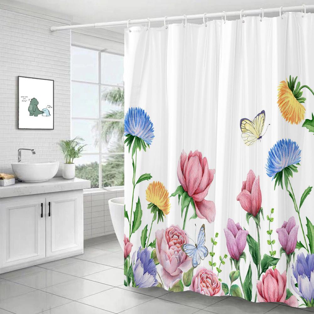 Green Leaf Plant Simple Nordic Printing Bathroom Shower Curtain Polyester Waterproof Home Decoration Curtain with 12 Hooks