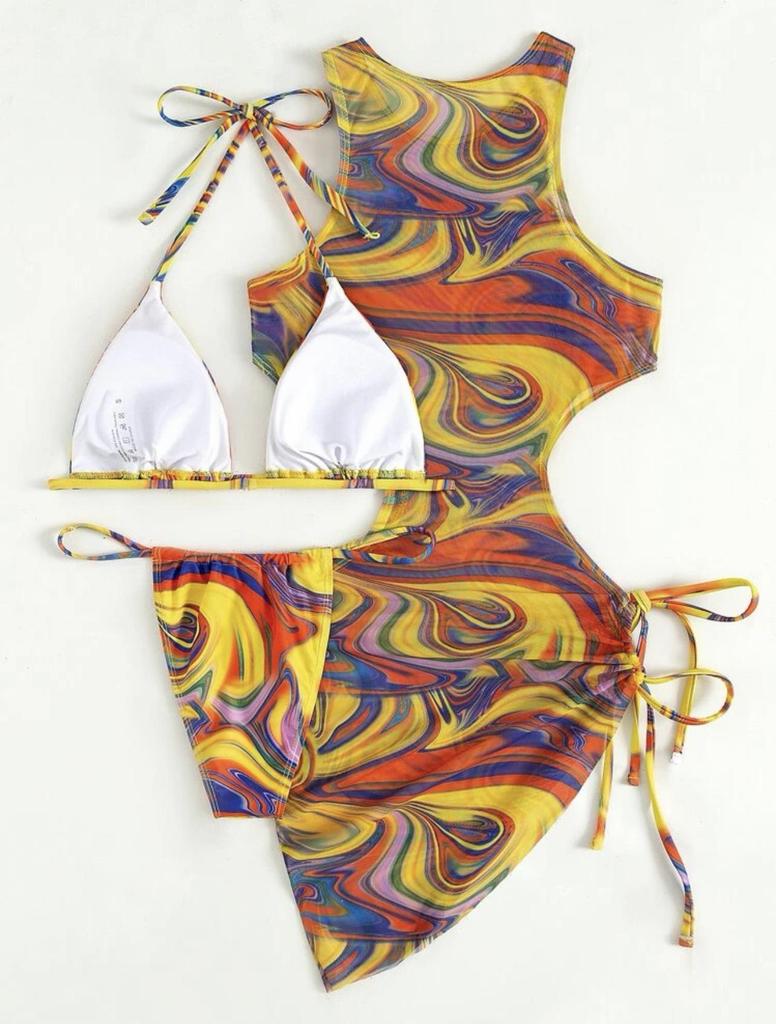 2025 Euro-American Lace-Up Cutout Bikini Three-Piece Swimsuit Set