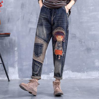 Jeans Feminino Solto Cintura Apertada Casual Tamanho Grande Retro Bordado Patch Rasgado Calças Harem