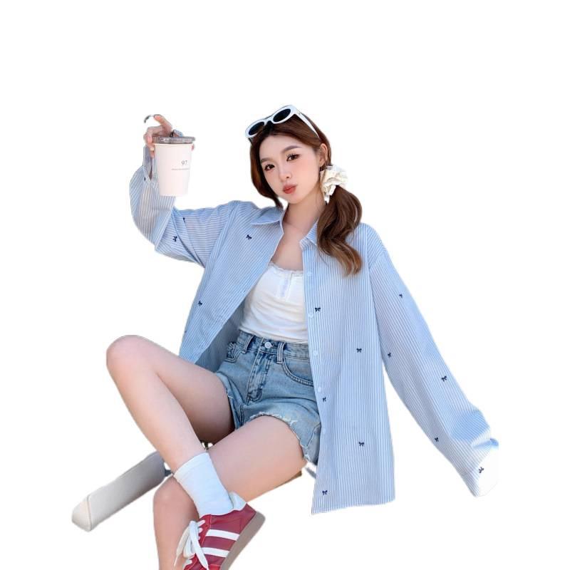 2026 Women's Blue & White Striped Bow Embroidery Long Sleeve Shirt - Unique Mid-Length Stylish Early Autumn Top