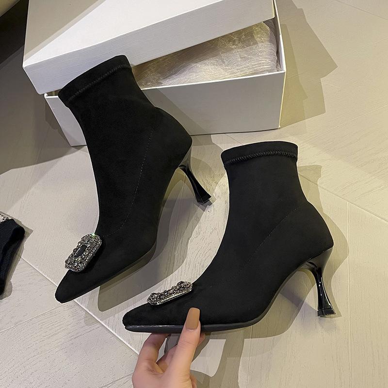 French pointed socks boots thin heel high heel ankle small short boots women's new autumn and winter single boots elastic suede thin boots