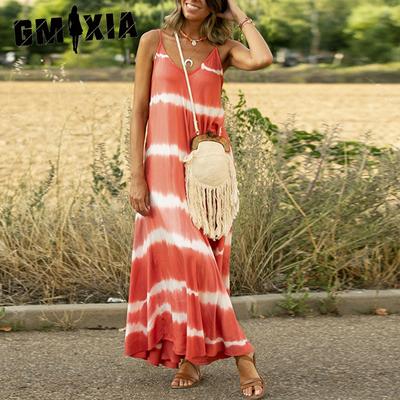 Sommer Neckholder Kleid Bedruckt Streifen Große Größe Lang Locker Damenkleider