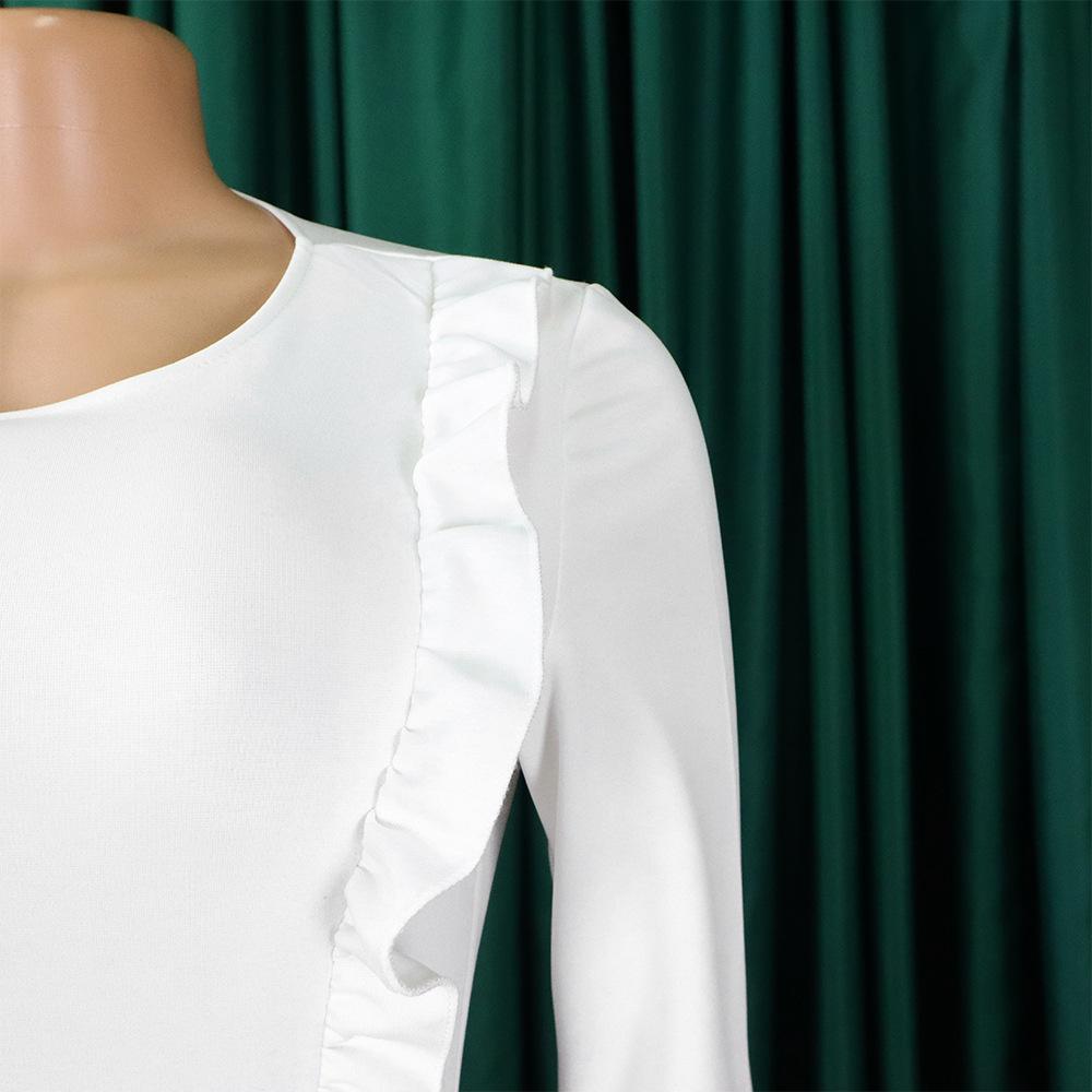 YYFS Damenmode Frühling Herbst Einfarbig Druck Langarm O-Ausschnitt Hohe Taille Freizeitkleider