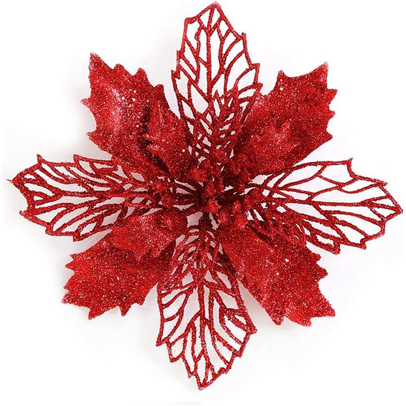 5pcs/lot Christmas Poinsettia Glitter Flowers with Clips Christmas Tree Ornaments Decor for Home Decor New Year Xmas Gifts