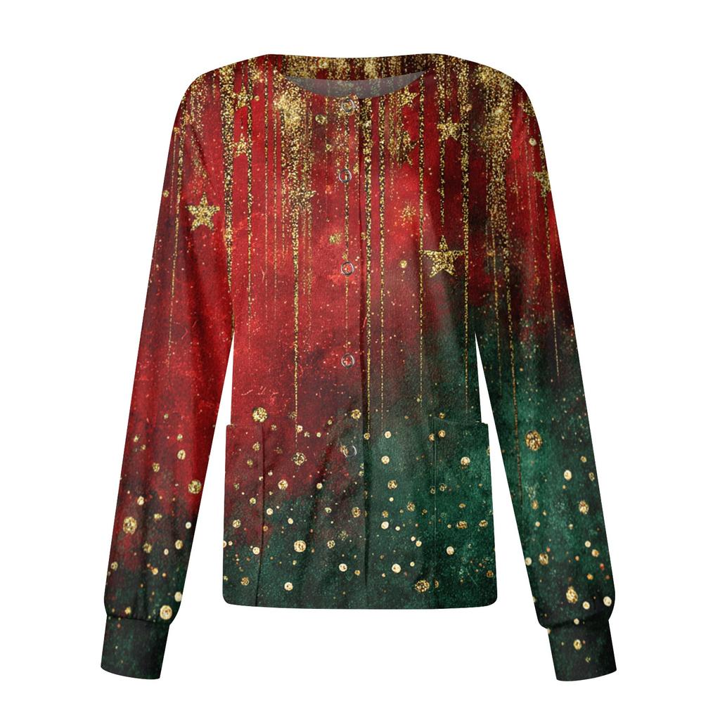 Women's Christmas-printed Casual Long-sleeved Single-breasted Work Uniform Cardigan