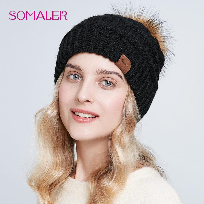 SOMALER Bonnets amples en tricot pour femmes, chapeau chaud, Baggy, casquette de Ski, fausse fourrure, pompon, chapeaux pour dames, hiver