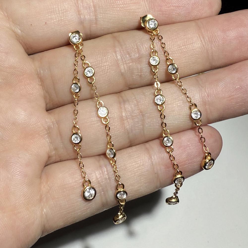 Bling Fashion Women Jewelry 5A Cubic Zirconia CZ 18K Gold Plated Double Chain Long Tassel Earring