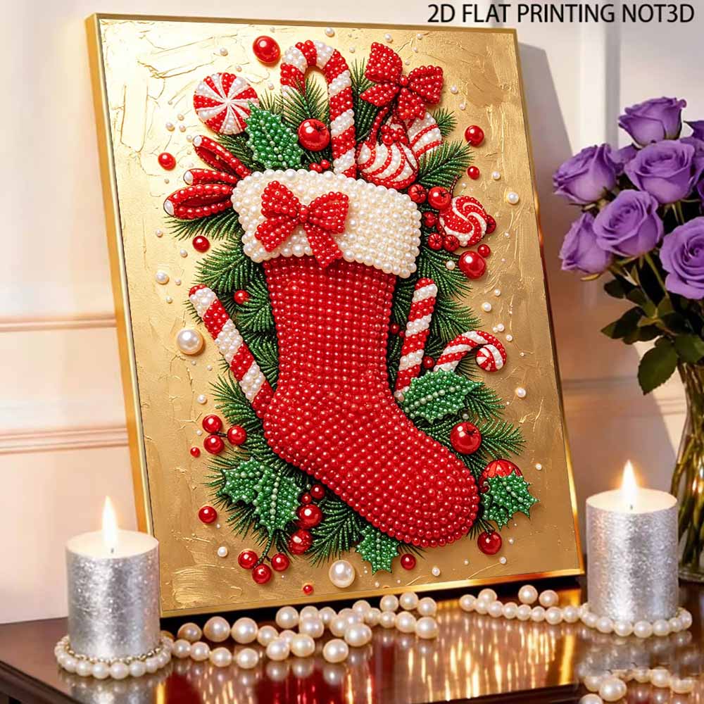DIY Perlenmalset Festlicher Weihnachtsstrumpf Stressabbau Basteln Rahmenloses 3D-Leinwandbild für Erwachsene Heimdekoration Geschenk