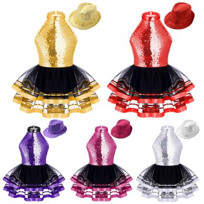 Girls Shiny Sequins Halter Tutu Dress Dance Performance Costume with Hat