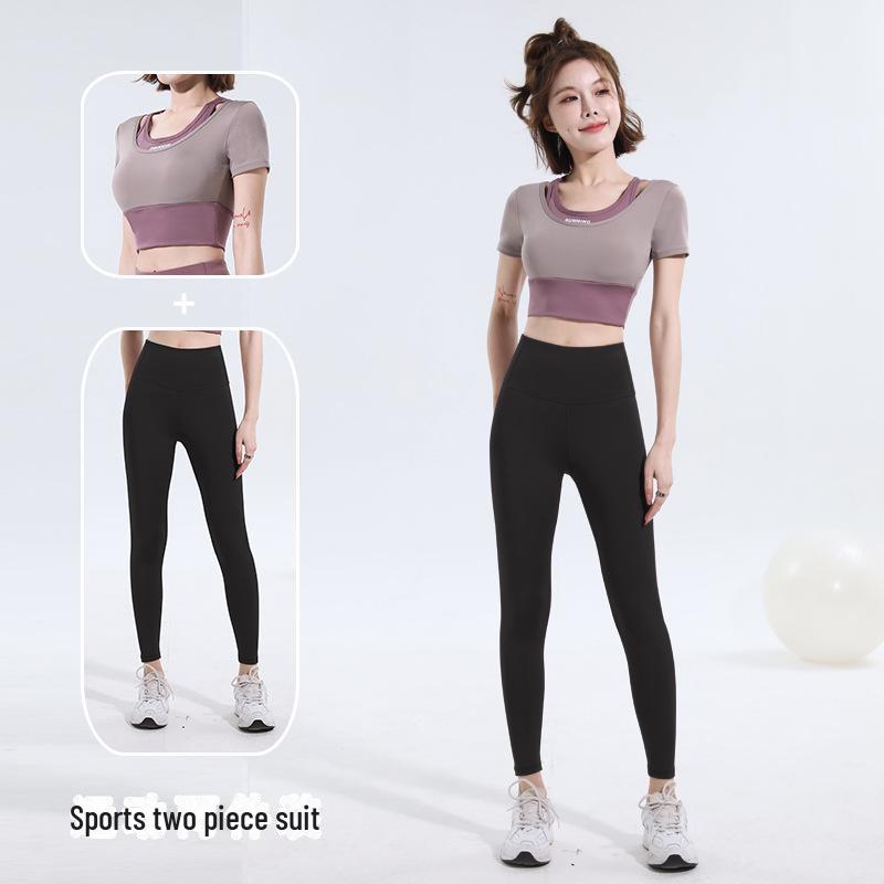 New Color Match Quick-Dry Bra-Free Yoga & Pilates Fitness Suit - Women's Short-Sleeved Two-Piece