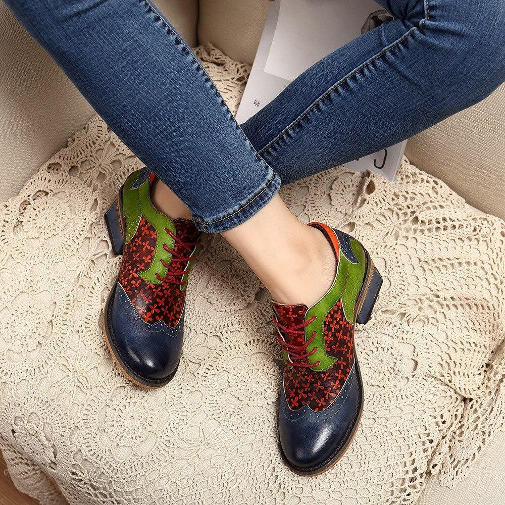 Johnature Pumps Women Shoes Spring Genuine Leather Round Toe Lace-up Mixed Colors Ethnic Casual Sewing Ladies Shoes