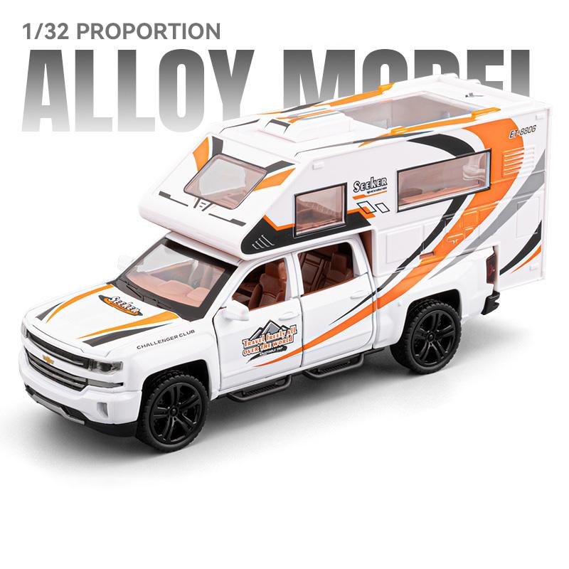 1/32 Silverado Pickup RV Recreational Car Model Diecast Camper Van Motorhome Touring Vehicles Car Model Sound Light Kid Toy Gift