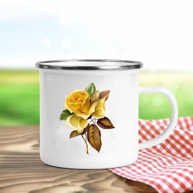 Tazas de Esmalte Retro con Estampado de Flores Tazas de Café Creativas Verano Picnic al Aire Libre Bebidas Zumo Leche Tazas de Acampada Asa Utensilios para Beber Regalos