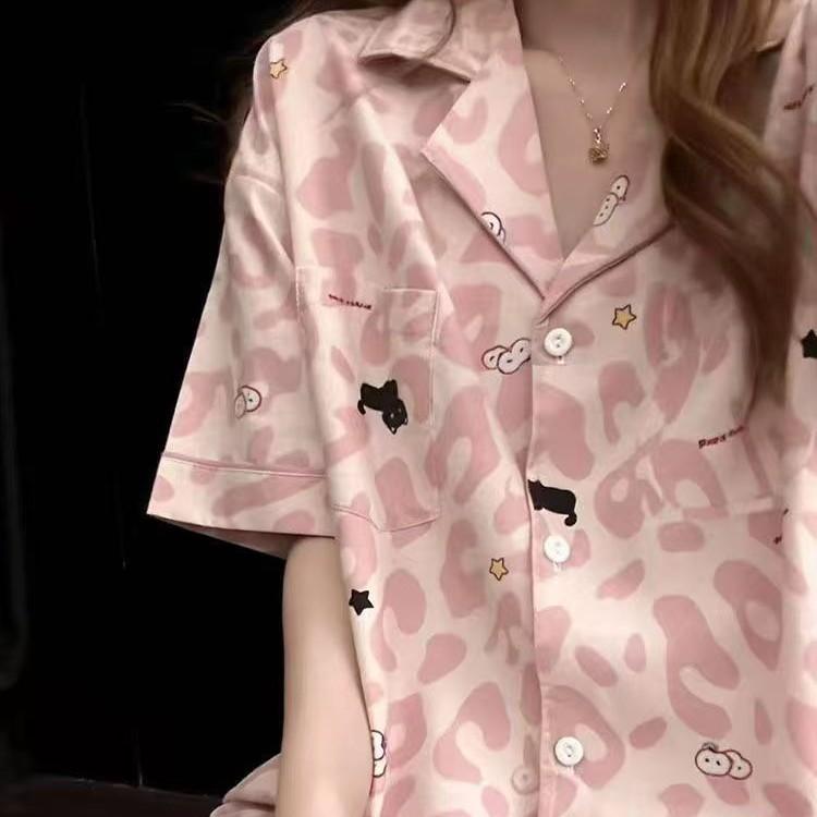 Pure desire wind pink leopard print pajamas women's summer short-sleeved shorts cardigan suit girl casual can wear loungewear