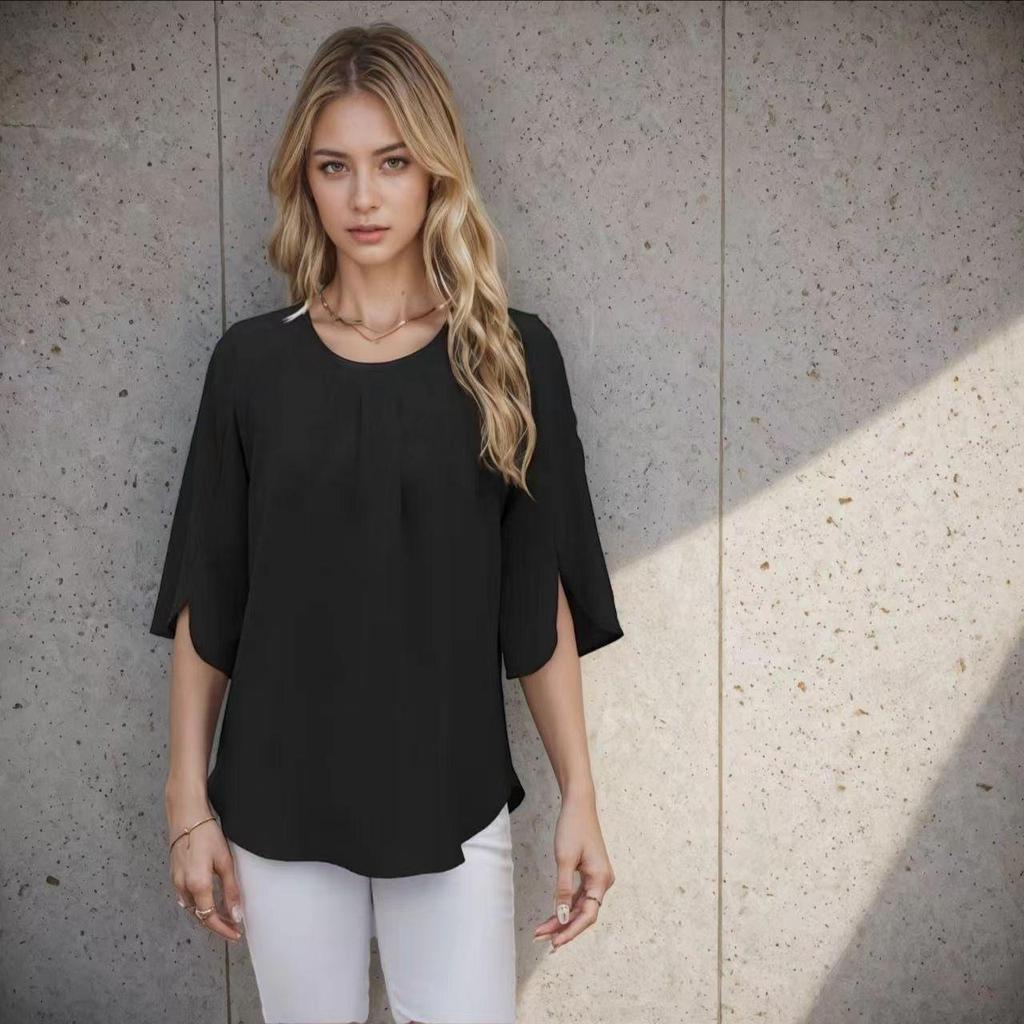 Blouse ample en mousseline de couleur unie à col rond et manches cinq points pour femme, style européen et américain