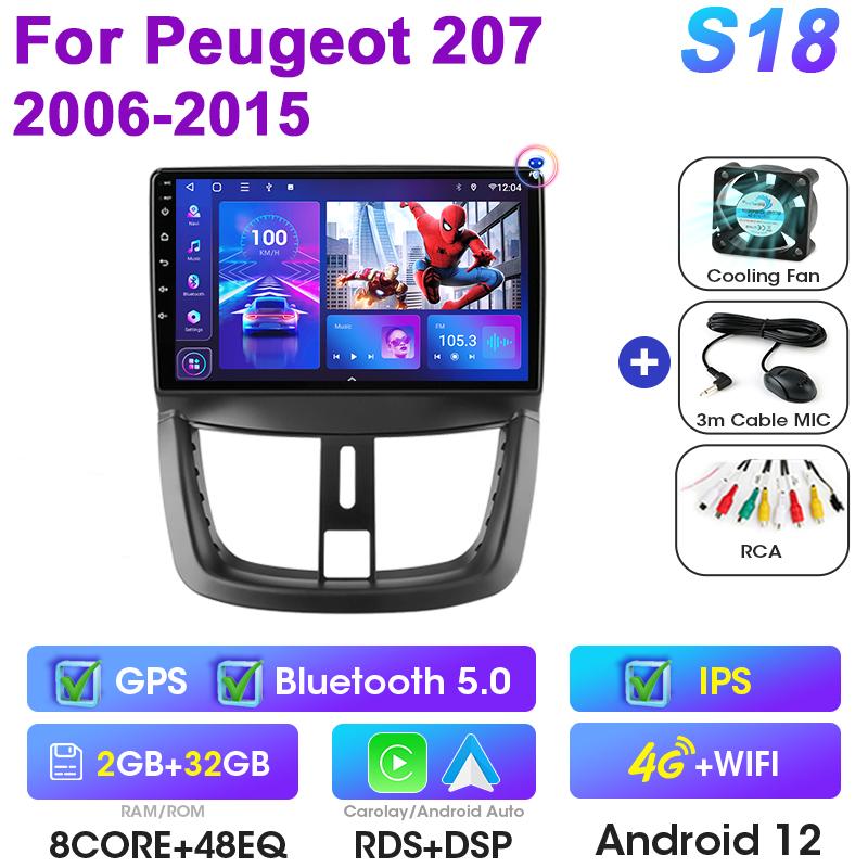 2 Din Android 12 Car Radio For Peugeot 207 CC 207CC 2006-2015 Multimedia Video Player Navigation GPS 4G Carplay Auto Stereo RDS