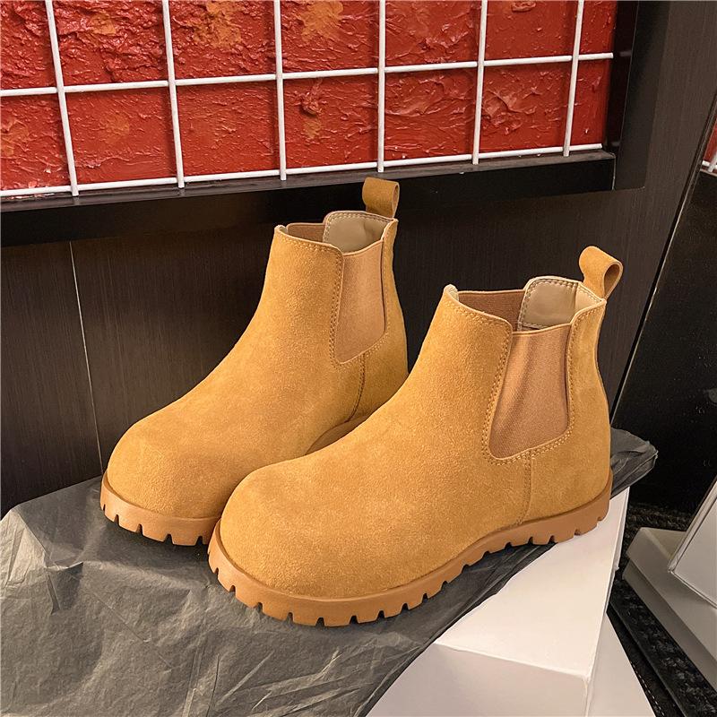 Coarse Heel Short Boots Women's Spring Frosted Leather Chimney Children's New Heightening Chelsea Boots Retro Inner Thick-soled Martin Boots