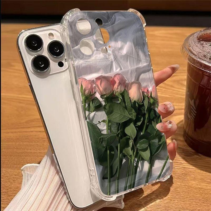 Phone Case For iPhone 17 16 15 14 13 12 11 Pro Max XR XS X 15 16 Plus 17 Air Pink Tulips Rose Flower Pattern Transparent Cover