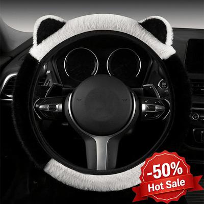 Cute Car Steering Wheel Cover With Cat Ear Decor For All Cars Warm Plush Non-Slip Grip Cover Steering Wheel Protector 15"