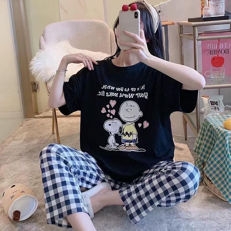 Damen Sommer Cartoon Pyjama Set - Rundhals, Kurzarm, Leichte Hose für Frühling & Herbst