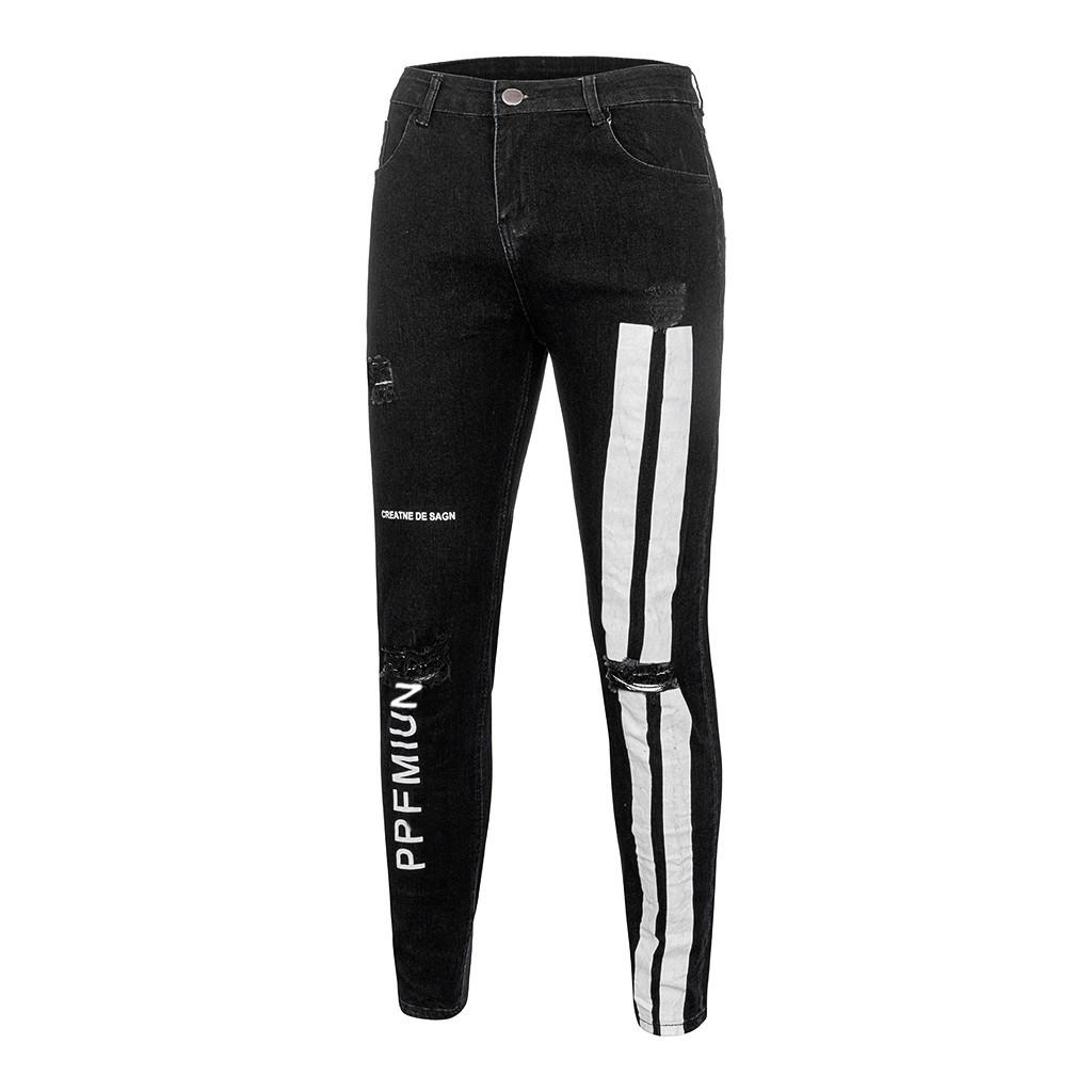 Men Striped Zipper Denim Hole  Vintage Wash Hip Hop Work Trousers Jeans Pants