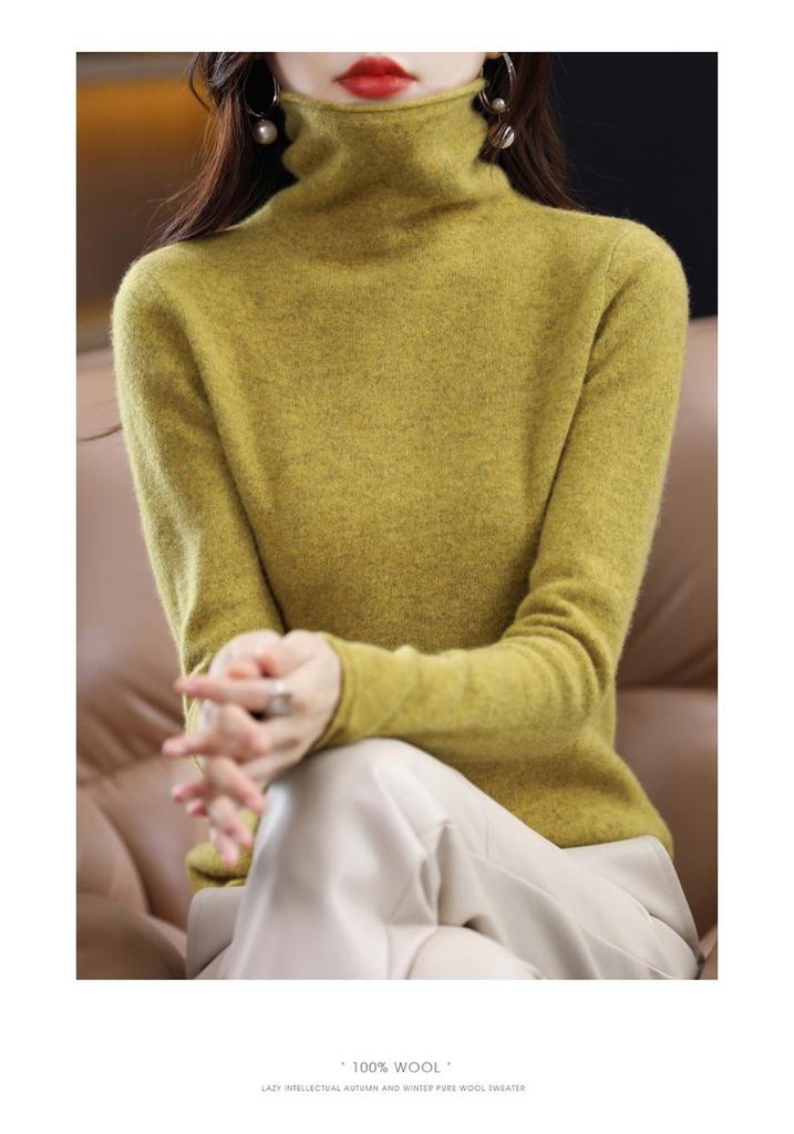 Women's High Neck Wool Sweater - 100% Pure Wool, Rolled Edge for Autumn/Winter - Versatile Cashmere Base Layer Knitwear.