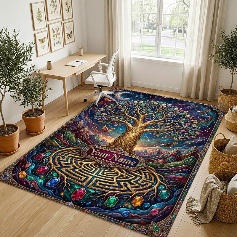Tree Life Fantasy Theme Soft Crystal Velvet Rug Custom Name & Text Print Non Slip Floor Rug for Bedroom Living Room