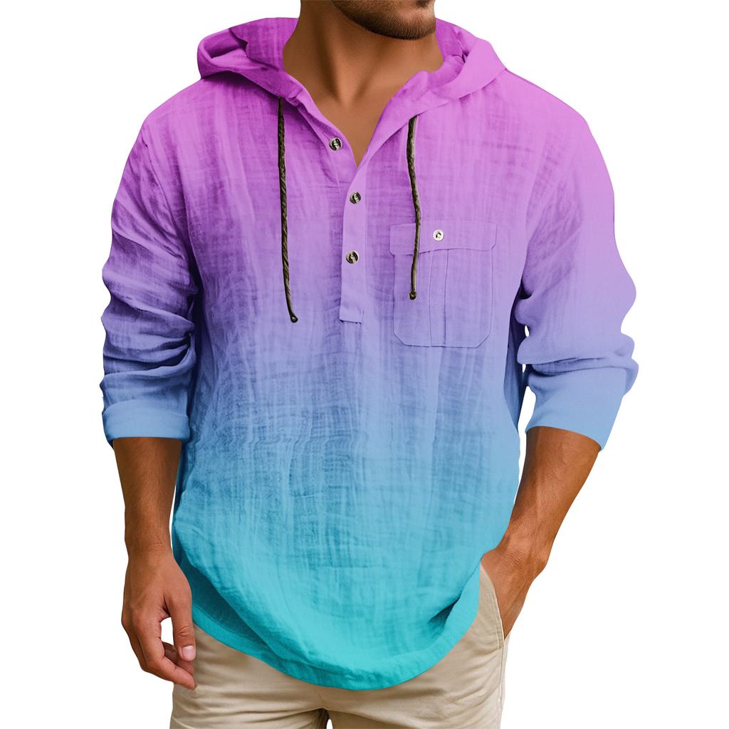Men's Hooded T-shirt Gradient Color Cotton And Linen Men's Casual Long-sleeved Top