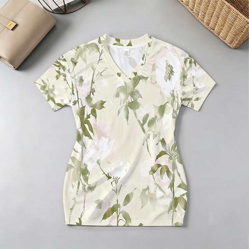 Women's Short Sleeve Dress - Casual American, Plant Print Slim Fit, Soft Fabric, Perfect for Beach Vacation, Versatile Date Outfits