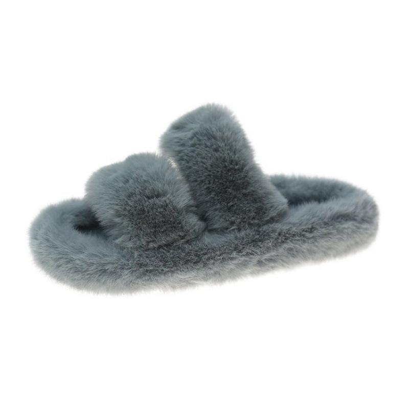 Autumn and winter new double with fluff mop outer wear fashion casual women's one-word cotton slippers flat bottom home plush slippers